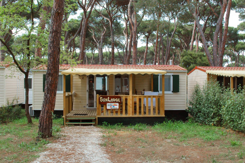 SunLodge Mobile Home Redwood en Camping Village Capo d'Orso, Italia, rodeado de altos pinos verdes.