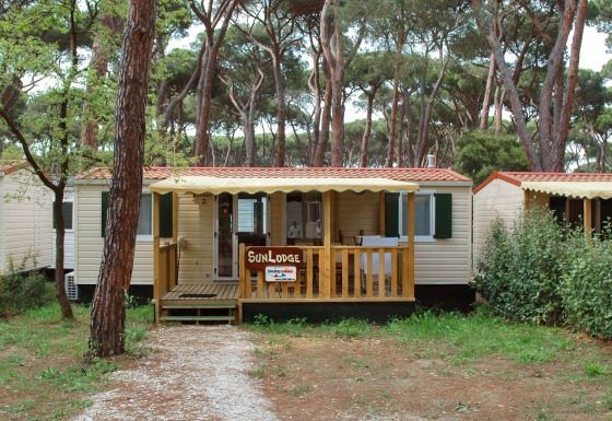 SunLodge Mobile Home Redwood en Camping Village Capo d'Orso, Italia, rodeado de altos pinos verdes.
