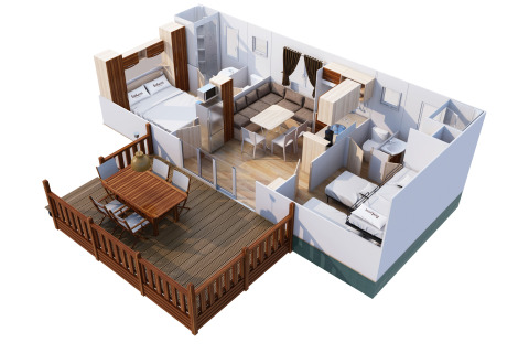 Interior and deck of SunLodge Mobile Home Redwood at Camping Village Capo d'Orso, Italy.