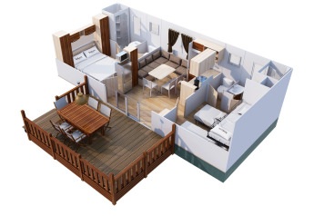Interior y terraza de SunLodge Mobile Home Redwood en Camping Village Capo d'Orso, Italia.