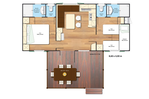 Plano de la SunLodge Mobile Home Redwood en Camping Village Capo d'Orso, Italia, con terraza y dormitorios.