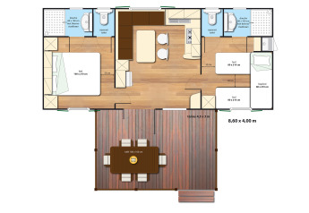 Plano de la SunLodge Mobile Home Redwood en Camping Village Capo d'Orso, Italia, con terraza y dormitorios.