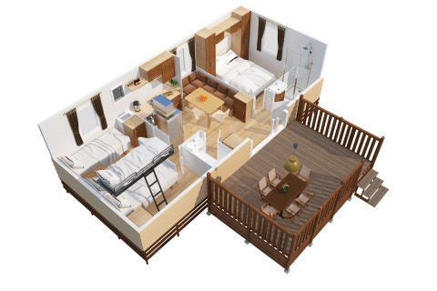 3D floor plan of SunLodge Mobile Home Aspen showing two bedrooms, living area, and deck at Camping Village Capo d'Orso.