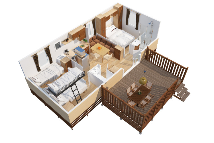 Plano 3D de SunLodge Mobile Home Aspen con dos dormitorios, sala de estar y terraza en Camping Village Capo d'Orso.