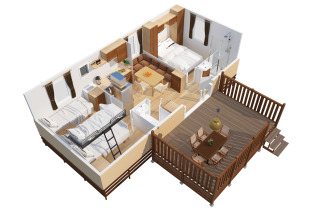 3D grondplan van SunLodge Mobile Home Aspen met twee slaapkamers, woonkamer en terras op Camping Village Capo d'Orso.
