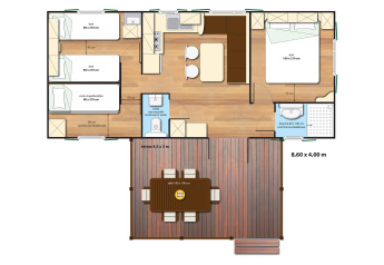 Planimetria di SunLodge Mobile Home Aspen al Camping Village Capo d'Orso, Italia, con disposizione camere.