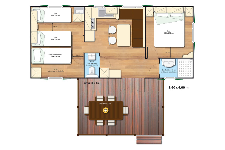 Plano de SunLodge Mobile Home Aspen en Camping Village Capo d'Orso, Italia, con distribución de habitaciones.