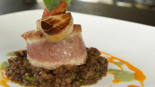 Plato gourmet con atún sellado, foie gras y lentejas servido en un plato blanco en parque de glamping.