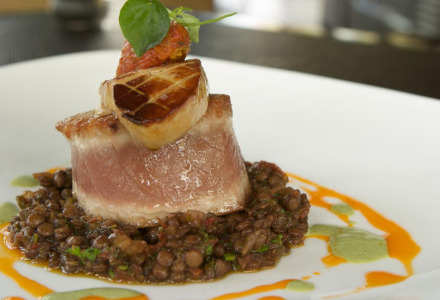 Plato gourmet con atún sellado, foie gras y lentejas servido en un plato blanco en parque de glamping.