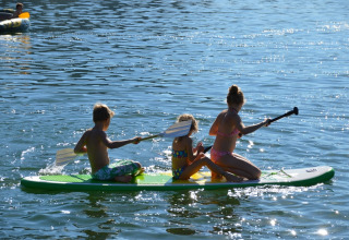 Tre børn padler på et surfbræt på en sø i solskin, under en ferie ved en glampingpark.