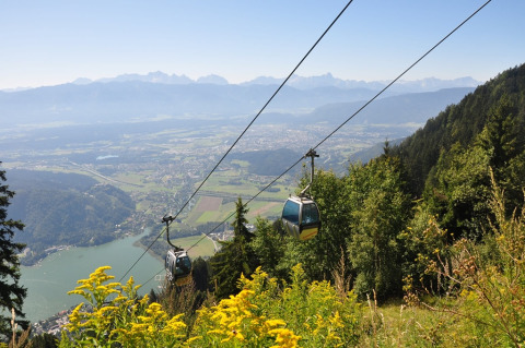 Teleféricos cruzan un valle verde y lago, ideal para unas vacaciones de glamping con vistas panorámicas.