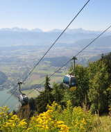Teleféricos cruzan un valle verde y lago, ideal para unas vacaciones de glamping con vistas panorámicas.