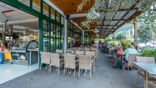Terraza exterior de cafetería en parque vacacional con plantas y huéspedes, ideal para experiencias glamping.