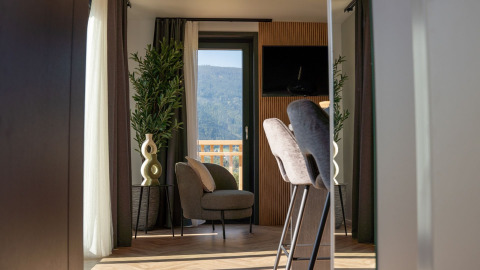 Modern glamping accommodation with a stylish lounge, mountain view, elegant decor, and large windows.