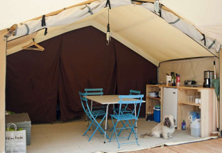 Intérieur de tente safari avec coin cuisine moderne, table et chaises bleues, et un petit chien sur le sol.