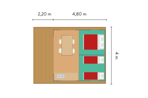 Plano de tienda safari con cama doble, dos individuales, comedor y cocina, dimensiones 4x4,8 m.