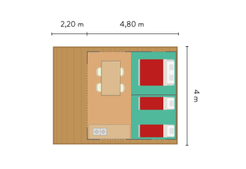 Planimetria tenda safari: letto matrimoniale, due singoli, zona pranzo e cucinotto, 4x4,8 m.