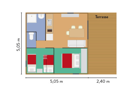 Plano de Chalet Evasion glamping con dos dormitorios, baño, cocina, sala de estar y terraza exterior.