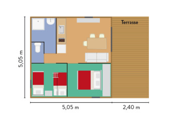 Plano de Chalet Evasion glamping con dos dormitorios, baño, cocina, sala de estar y terraza exterior.