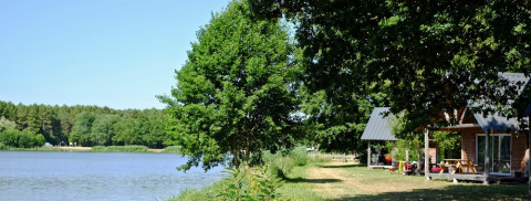 Rustig meer met groene bomen en vakantiehuisjes aan het water, Village Huttopia Lac de Rillé, Frankrijk.