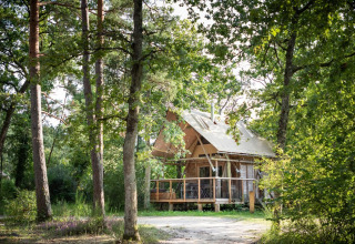 Gemütliche Hütte im Wald am Village Huttopia Lac de Rillé in Centre-Val de Loire, Frankreich, im Sommer.
