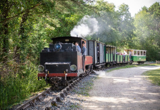 Kleine stoomtrein rijdt door het bos met bezoekers in Village Huttopia Lac de Rillé, vakantiepark in Frankrijk.
