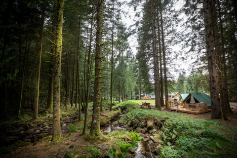 Un campamento de tipis con grandes tiendas verdes y mesas de picnic junto a un arroyo en un bosque denso.