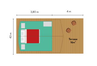 Plano de planta de una tienda tipi con cama y terraza de 16 m², mostrando sillas y dimensiones.