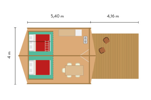 Plattegrond van een safaritent met twee bedden, eethoek, keuken en een terras met twee stoelen.