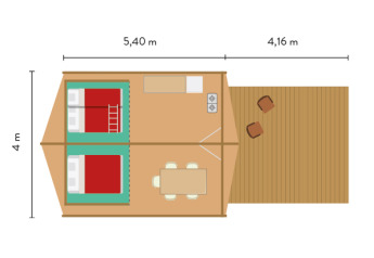 Plantegning af safaritelts indretning med to senge, spiseplads, køkken og terrasse med stole.