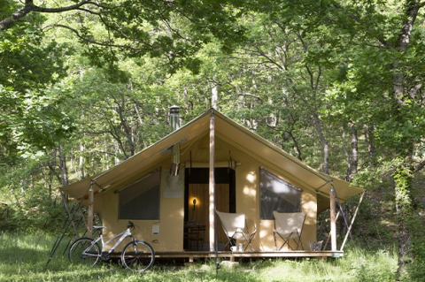 Safaritent in het bos met twee stoelen en een fiets ervoor, omringd door groene bomen en zonlicht.