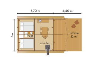 Plano de tienda safari con medidas, dos camas, baño, sala de estar y terraza en el exterior.