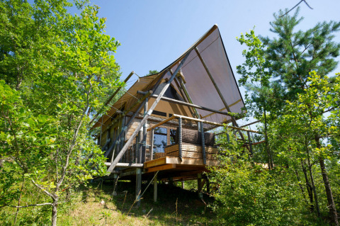 Tienda safari Cahutte en el bosque, elevada sobre pilotes con terraza cubierta y rodeada de árboles verdes.