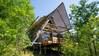 Safari tent Cahutte in het bos, verhoogd op palen met overdekt terras en omgeven door groene bomen.