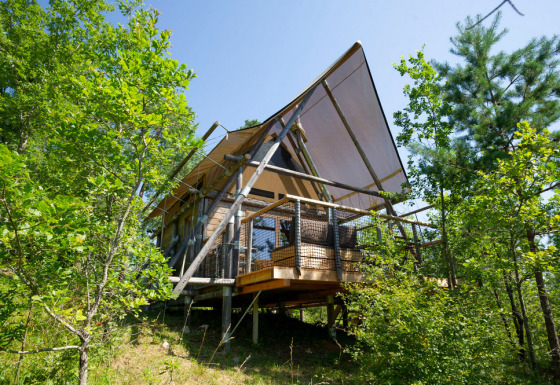 Tienda safari Cahutte en el bosque, elevada sobre pilotes con terraza cubierta y rodeada de árboles verdes.