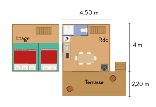 Plano de una tienda safari Cahutte con terraza, cocina, comedor y zona de dormitorio en dos niveles.