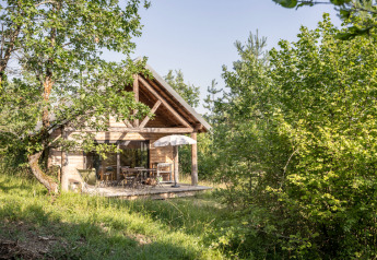 Cabane en bois chaleureuse avec terrasse et parasol, nichée dans la verdure et entourée d’arbres.