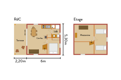 Plantegning af en hytte med stueetage, terrasse, køkken, badeværelse, soveværelse og hems.