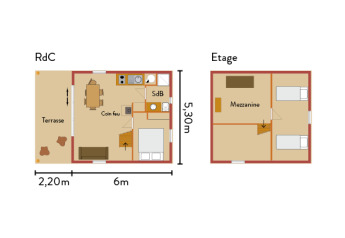 Plantegning af en hytte med stueetage, terrasse, køkken, badeværelse, soveværelse og hems.