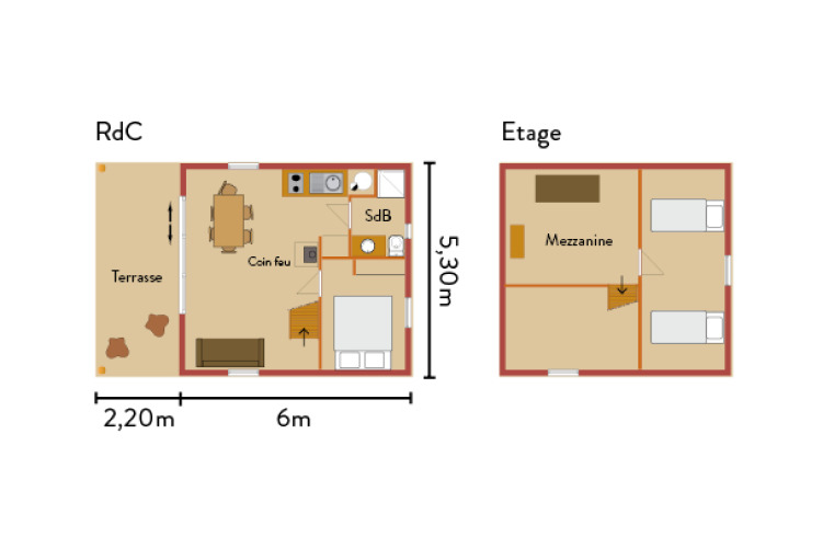Plano de cabaña con terraza, salón, cocina, baño, dormitorio y una planta alta tipo altillo.
