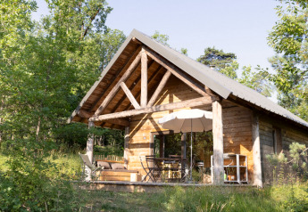 Un chalet en bois chaleureux entouré d’arbres verts luxuriants et baigné par la lumière du soleil, en pleine nature.