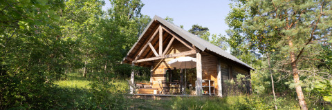 A cozy wooden cabin nestled among lush green trees and foliage, basking in sunlight on a peaceful day.