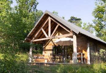 Una confortevole baita in legno immersa tra alberi verdi e natura rigogliosa, illuminata dal sole in una giornata serena.