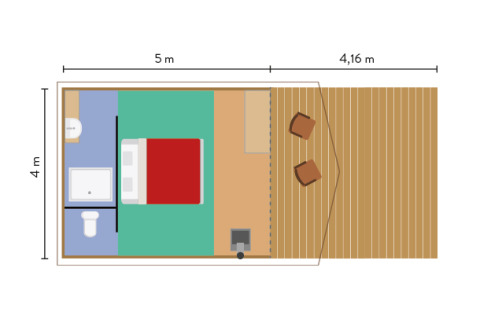 Plano de Tente Trappeur Duo Village en Village Huttopia Lac de Rillé, muestra distribución y medidas.