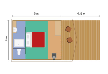 Plantegning af Tente Trappeur Duo Village ved Village Huttopia Lac de Rillé, viser layout og mål.