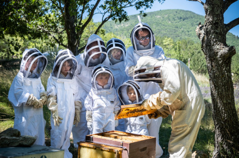 Kinder und Erwachsene in Imkeranzügen beobachten einen Imker, der einen Bienenstock im Freien öffnet.