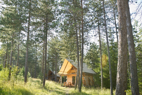 Cabañas de madera en los soleados bosques de Village Huttopia Lanmary, parque vacacional en Nouvelle-Aquitaine, Francia.