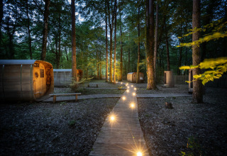 Beleuchteter Waldweg zwischen modernen Holzhütten im Feriendorf Huttopia Lanmary, Nouvelle-Aquitaine, Frankreich.
