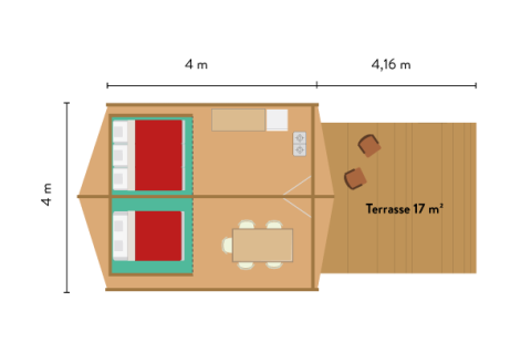 Plano de tienda safari con dos camas, mesa de comedor, cocina y terraza de 17 m².