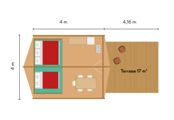 Plano de tienda safari con dos camas, mesa de comedor, cocina y terraza de 17 m².